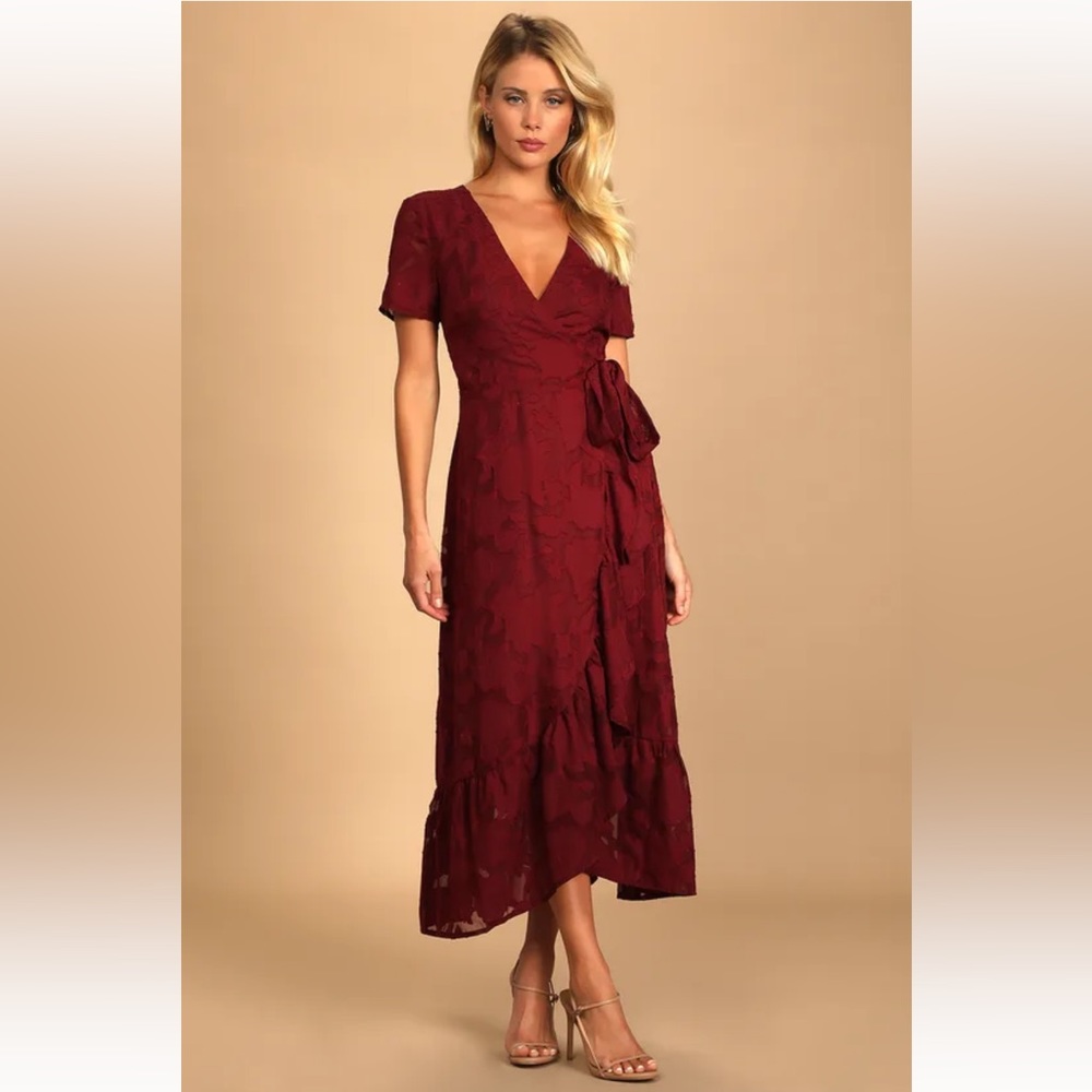 Lulus Blissfully Floral Midi Wrap Burgundy Dress
